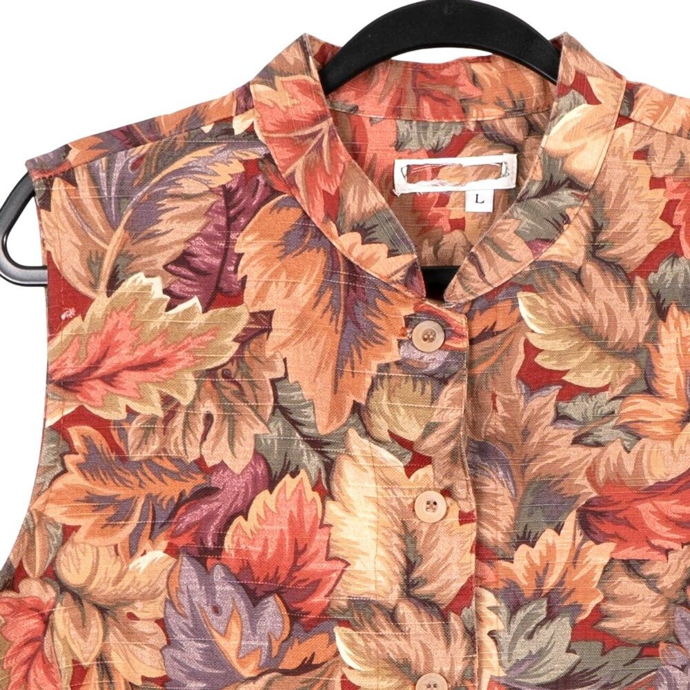 VTG Fall Leaf Print Button Up Vest L Womens Earthy Knit Mandarin Collar Boho - Picture 2 of 5